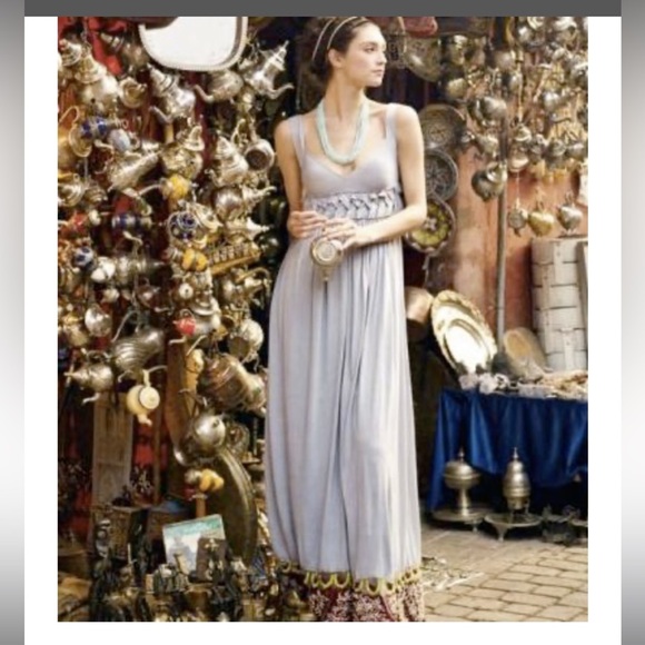 Rina Dhaka Indian Volubilis Maxi Boho Anthropologie Sequin Beaded Soft Gray dres - Picture 3 of 16